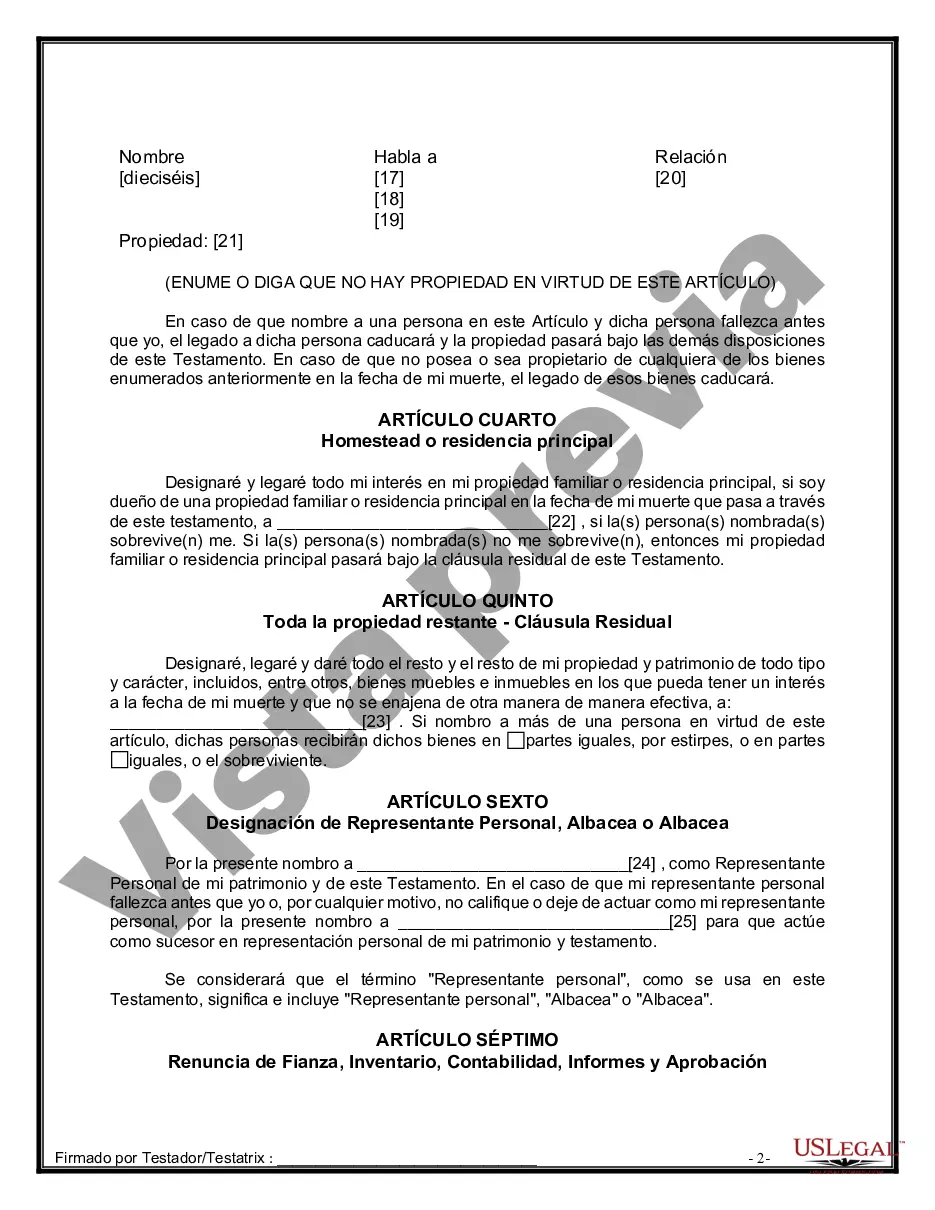 Preview Formulario de última voluntad y testamento legal para persona soltera sin hijos