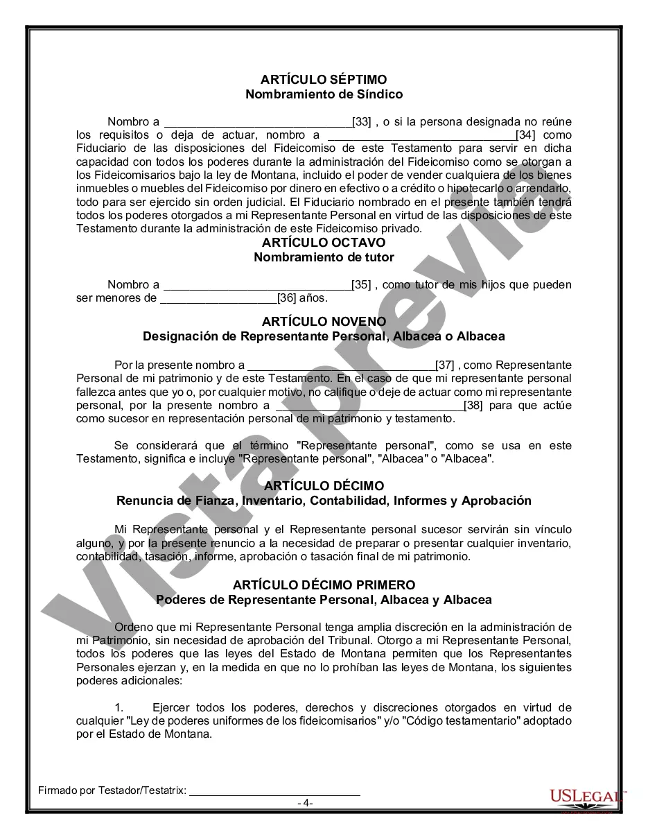 Preview Formulario Legal de Última Voluntad y Testamento para Persona Soltera con Hijos Adultos y Menores