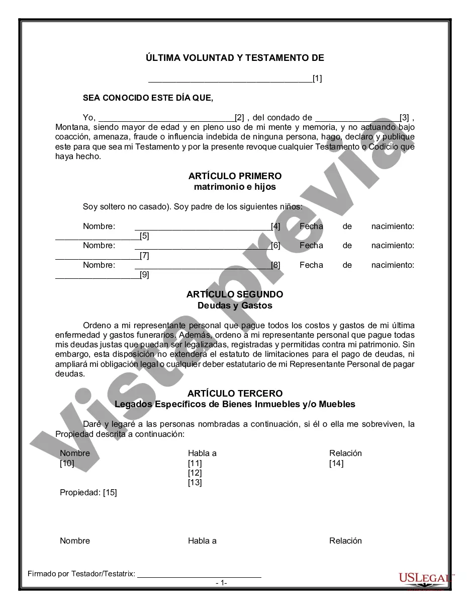 Preview Formulario Legal de Última Voluntad y Testamento para Persona Soltera con Hijos Adultos y Menores