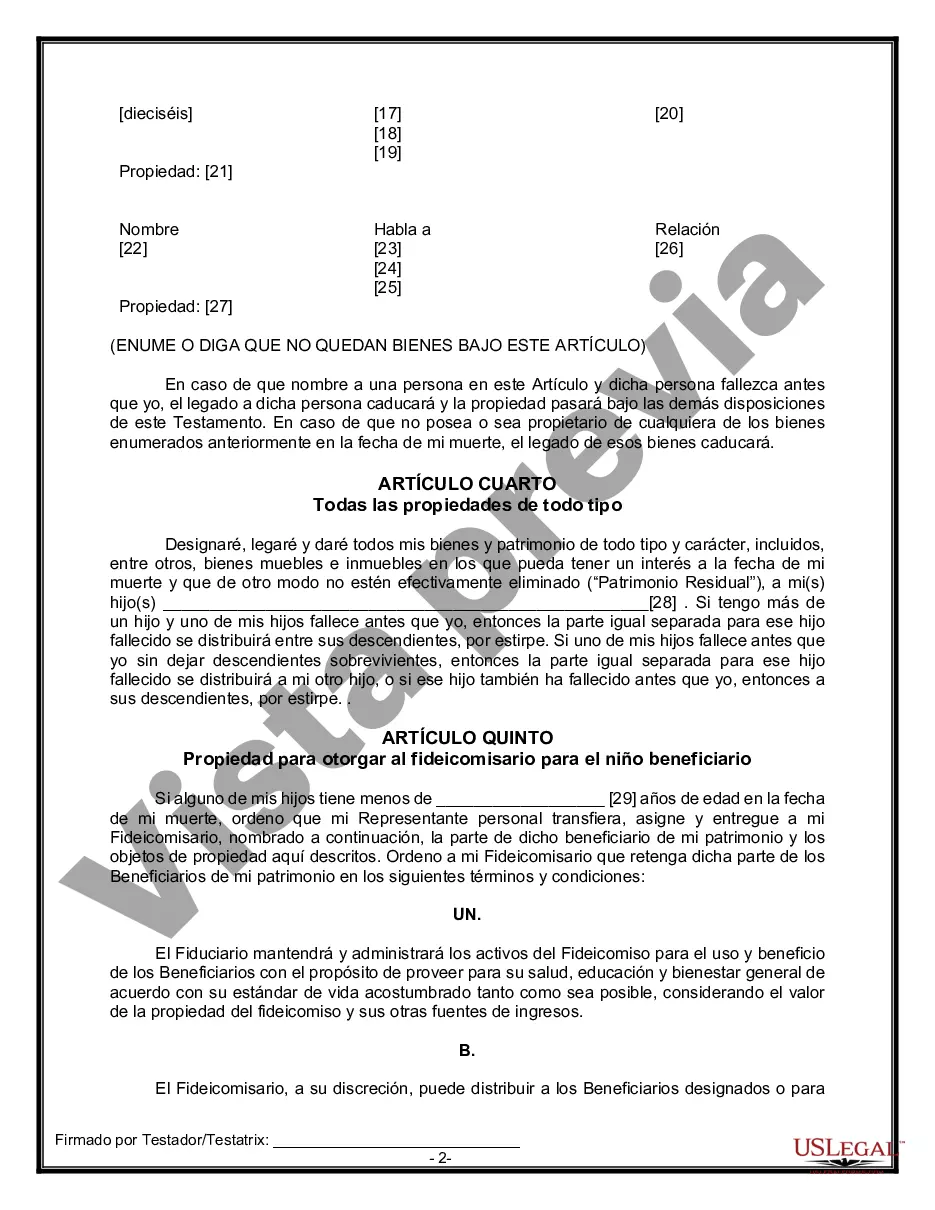 Preview Formulario Legal de Última Voluntad y Testamento para Persona Soltera con Hijos Adultos y Menores