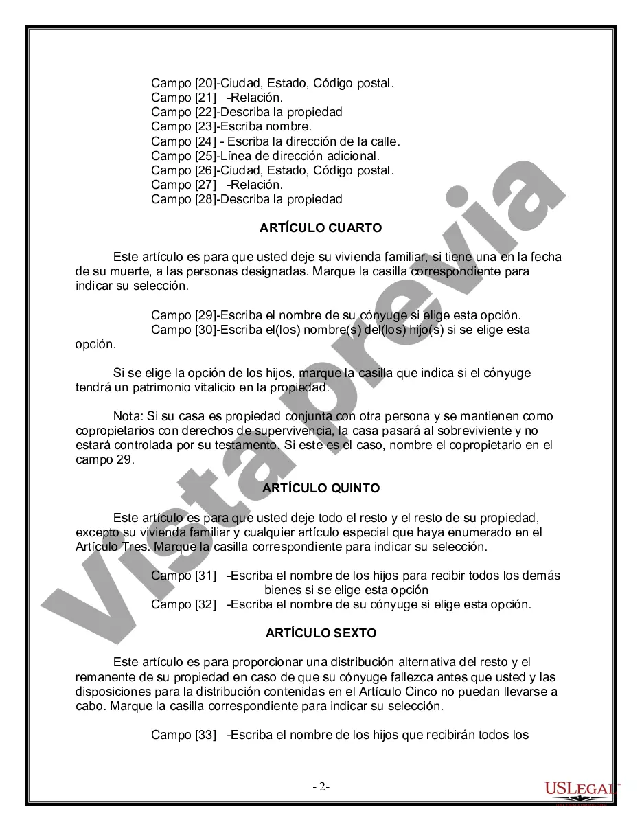 Preview Última voluntad y testamento legal para persona casada con hijos menores de edad de un matrimonio anterior