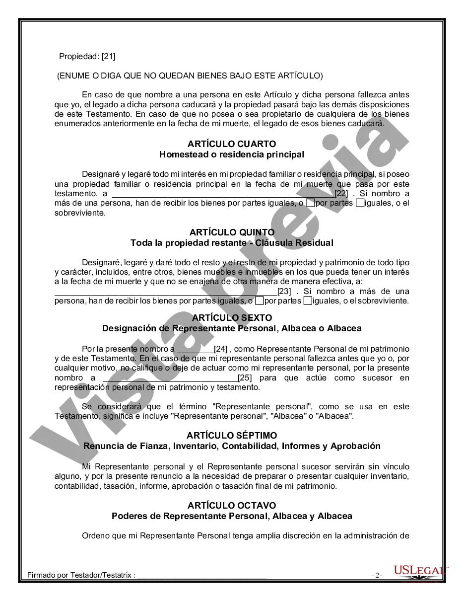Preview Formulario de última voluntad y testamento legal para personas divorciadas que no se han vuelto a casar y no tienen hijos