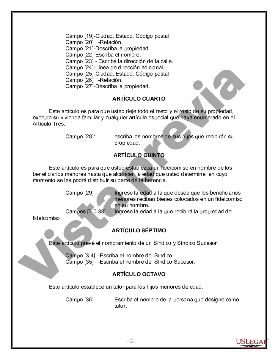 Preview Formulario de última voluntad y testamento legal para personas divorciadas que no se han vuelto a casar con hijos menores