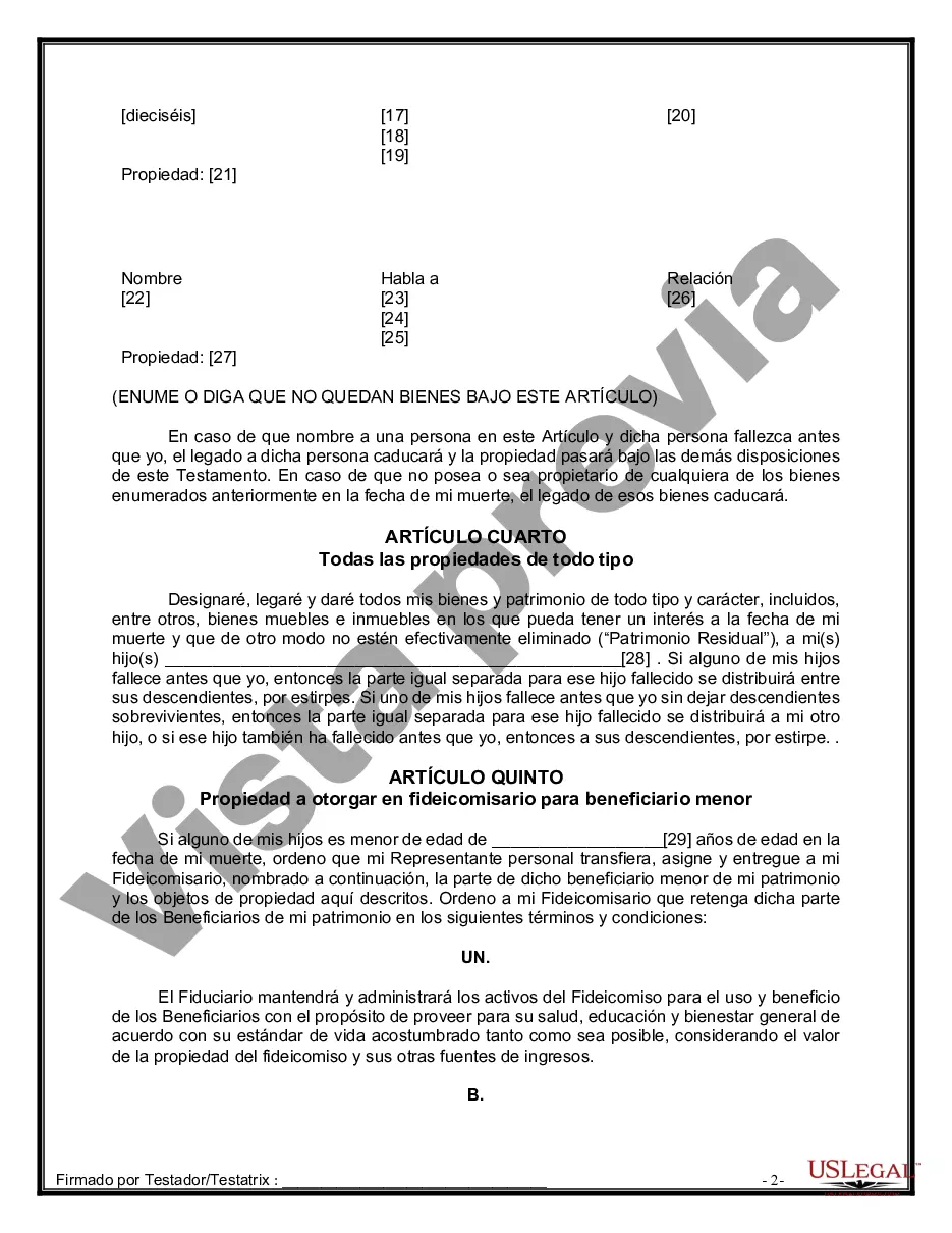 Preview Formulario de última voluntad y testamento legal para personas divorciadas que no se han vuelto a casar con hijos menores
