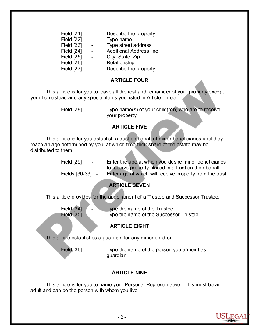 page 1 Legal Last Will and Testament Form for Divorced person not Remarried with Minor Children preview