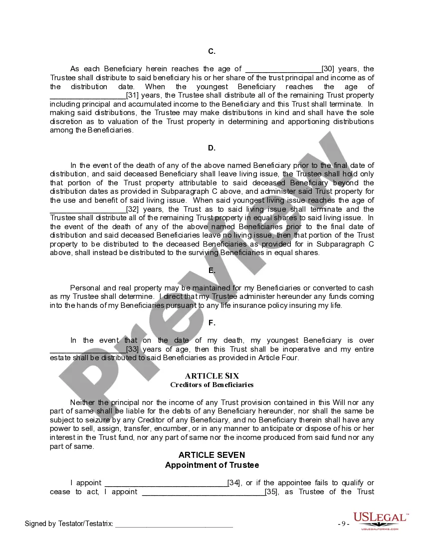 Preview Last Will and Testament for Divorced person not Remarried with Minor Children