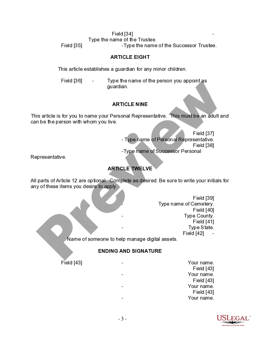 Preview Last Will and Testament for Divorced person not Remarried with Minor Children