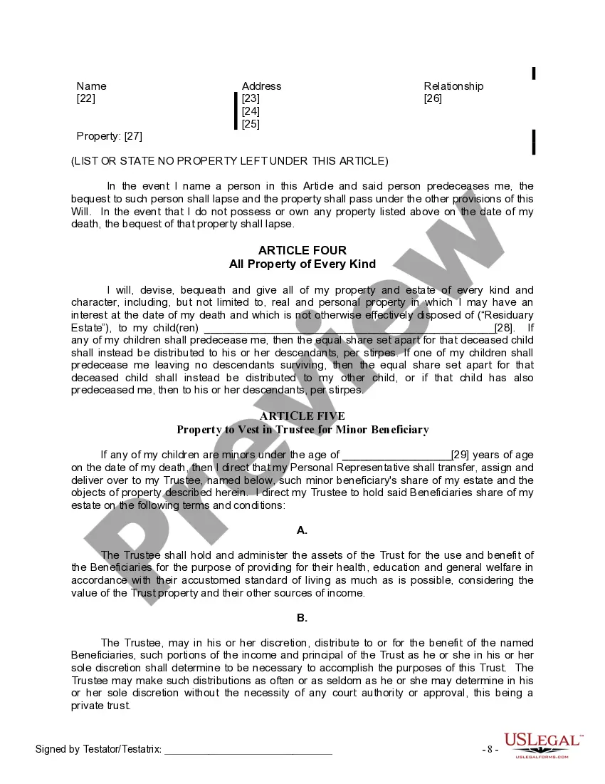 Preview Last Will and Testament for Divorced person not Remarried with Minor Children