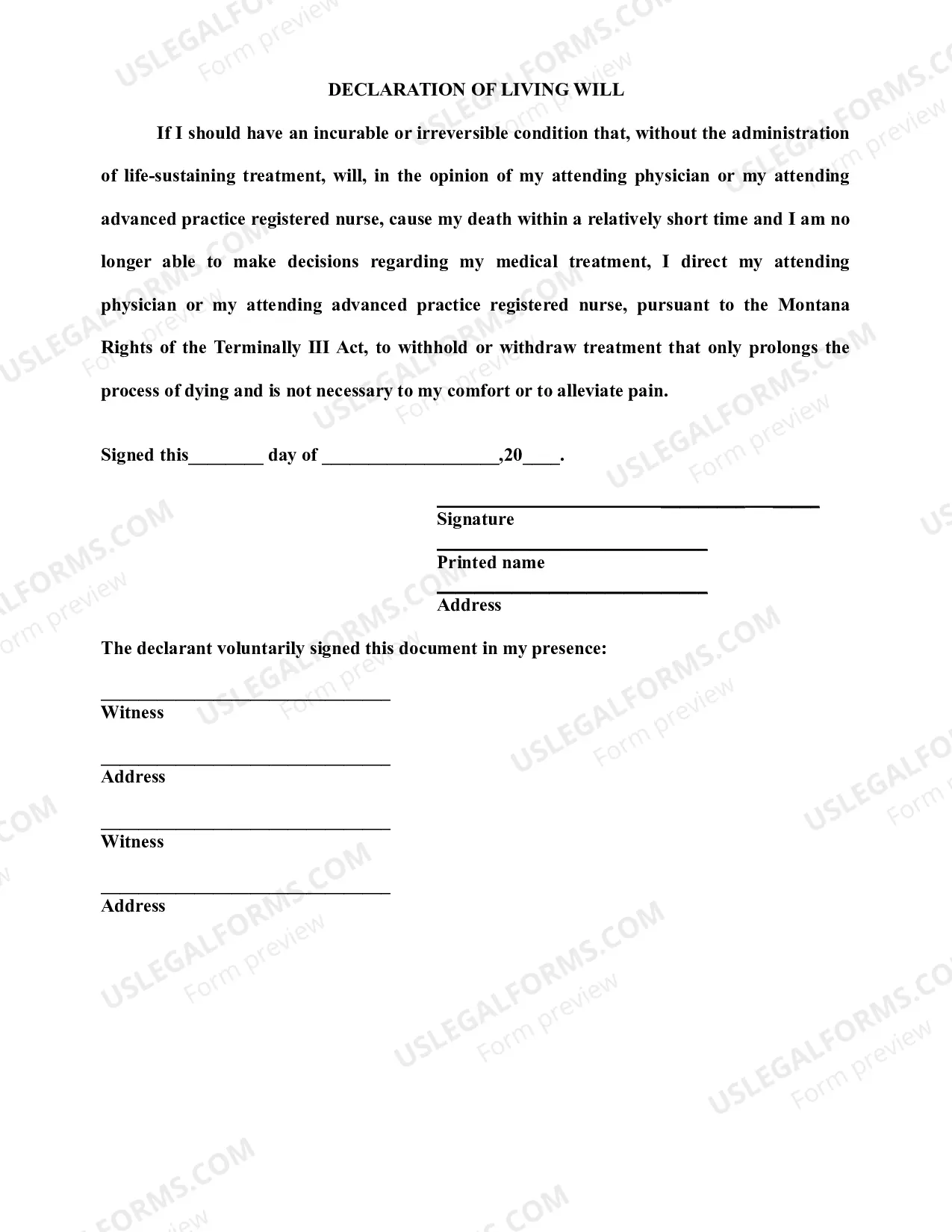 Preview Declaration of Living Will