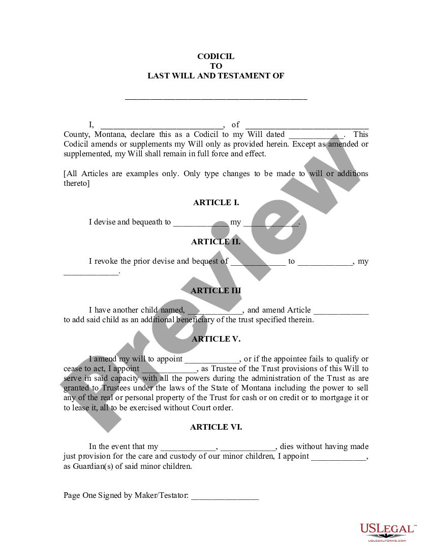 Montana Codicil To Will Form For Amending Your Will Codicil Form Us Legal Forms 0281