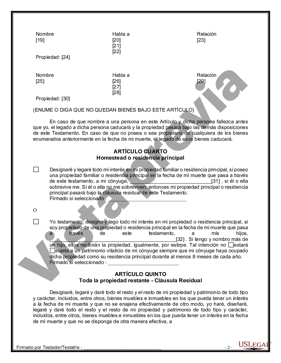Preview Formulario Legal de Última Voluntad y Testamento para Persona Casada con Hijos Adultos y Menores de Matrimonio Anterior