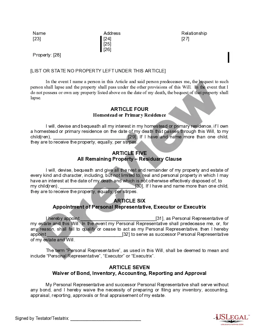 Preview Last Will and Testament for a Widow or Widower with Adult Children