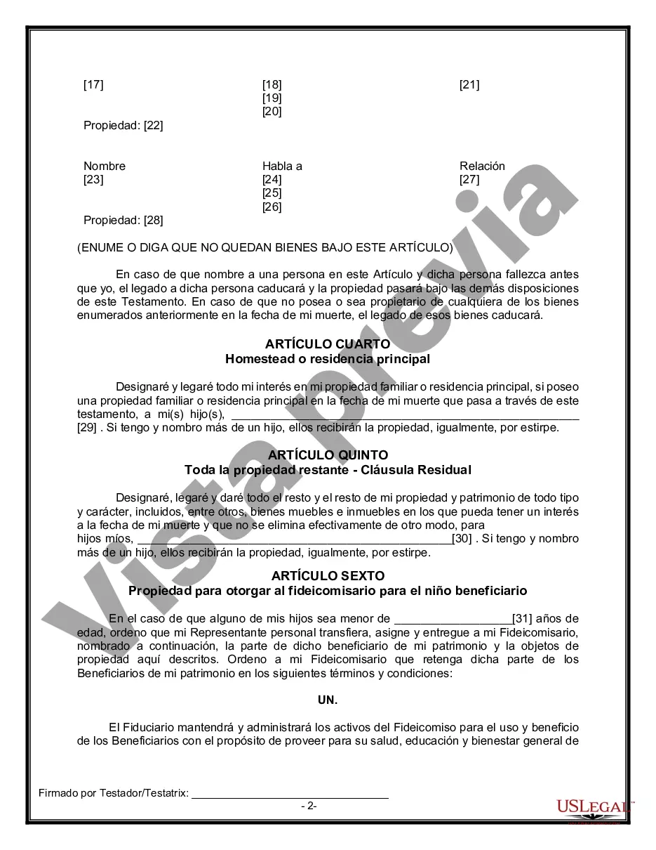 Preview Formulario Legal de Última Voluntad y Testamento para Viuda o Viudo con Hijos Menores