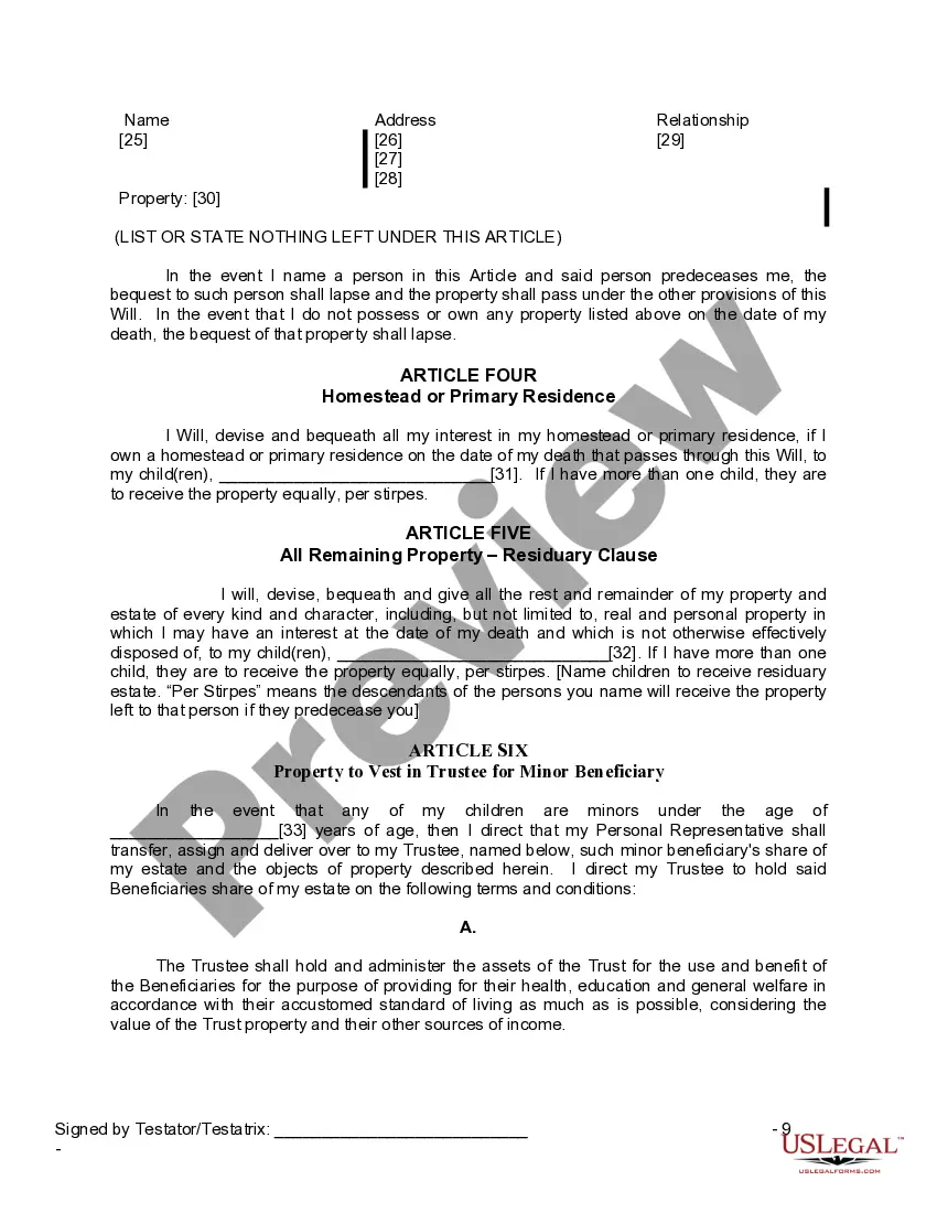 Preview Last Will and Testament for a Widow or Widower with Adult and Minor Children