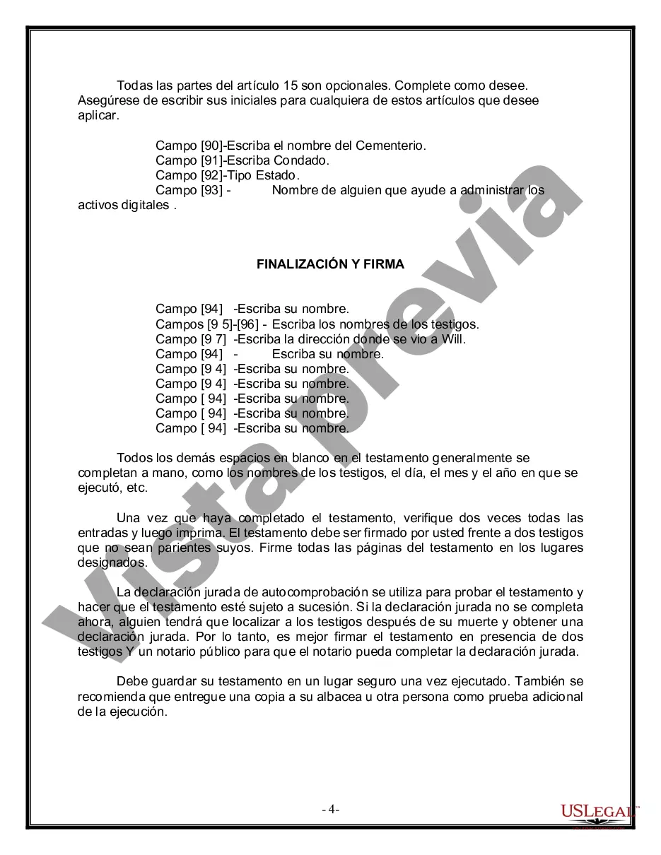Preview Formulario Legal de Última Voluntad y Testamento para Persona Divorciada y Recasada con Hijos Míos, Tuyos y Nuestros
