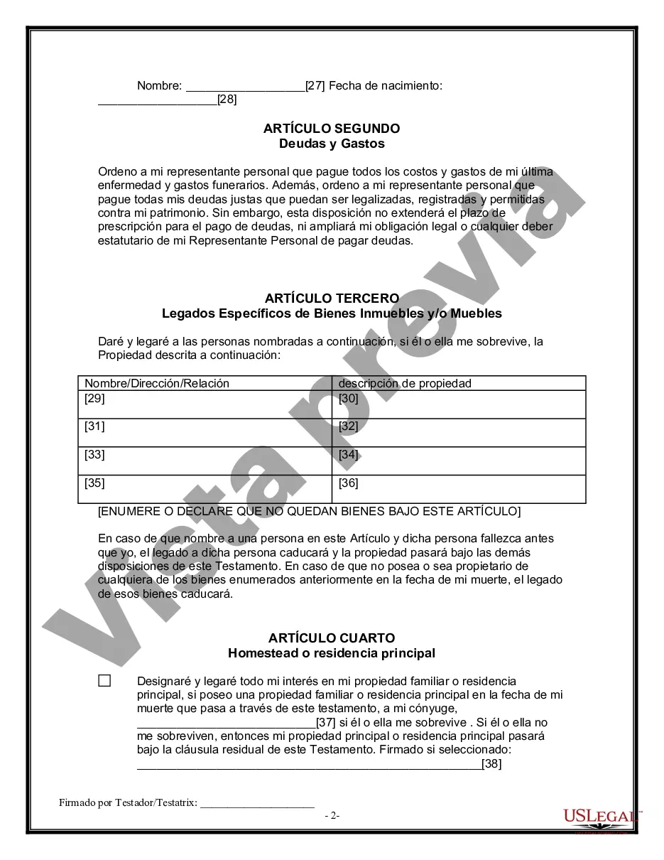 Preview Formulario Legal de Última Voluntad y Testamento para Persona Divorciada y Recasada con Hijos Míos, Tuyos y Nuestros