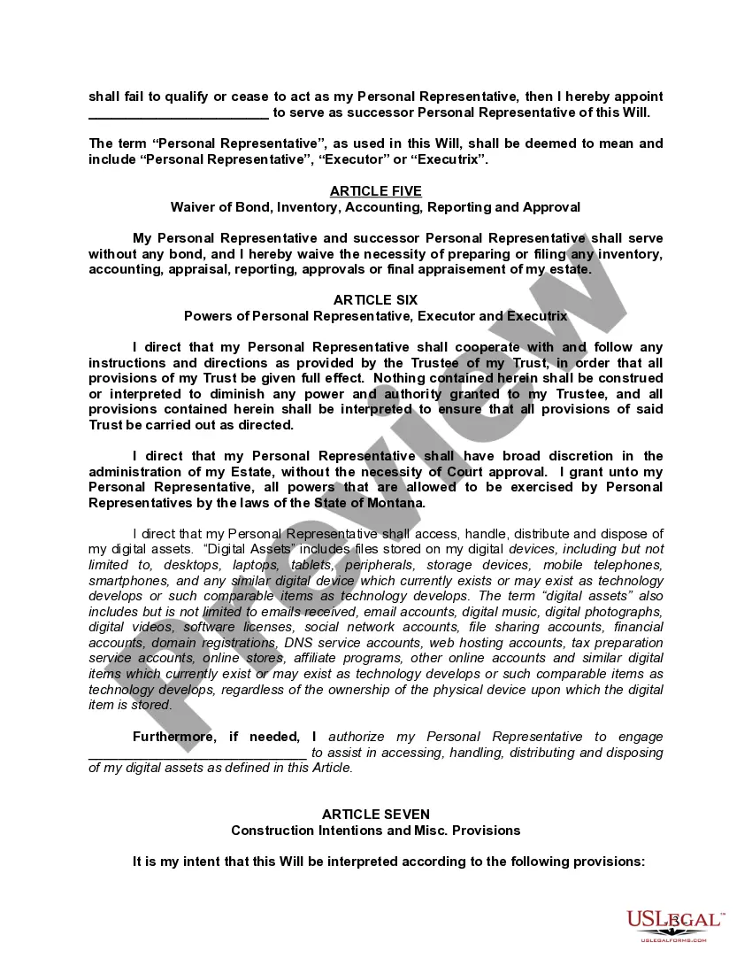 Preview Last Will and Testament with All Property to Trust called a Pour Over Will