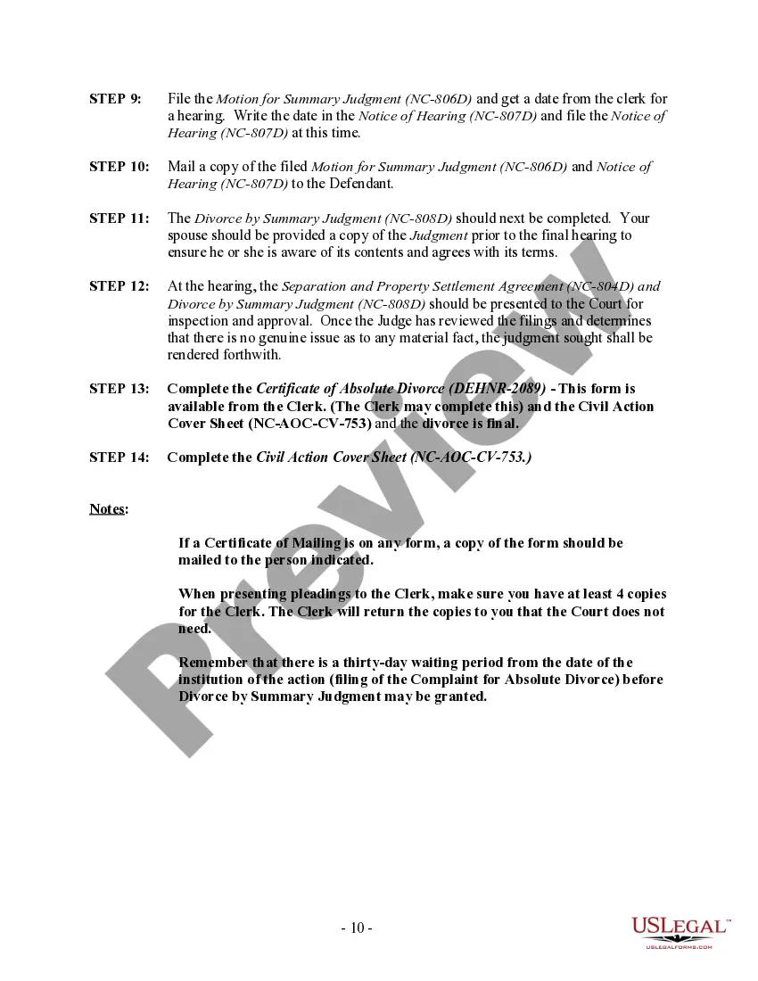 Preview North Carolina No-Fault Uncontested Agreed Divorce Package for Dissolution of Marriage with Adult Children and with or without Property and Debts
