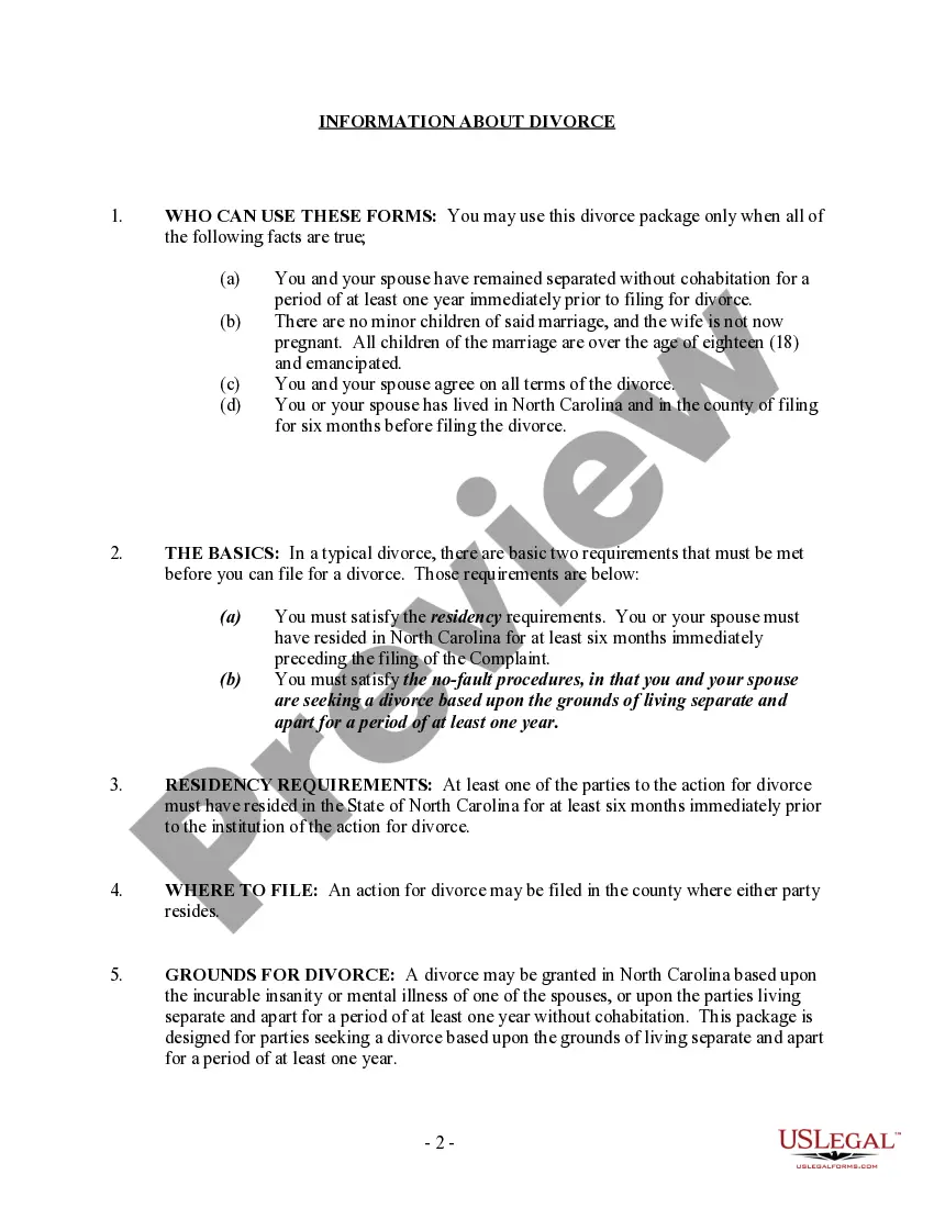 Preview North Carolina No-Fault Uncontested Agreed Divorce Package for Dissolution of Marriage with Adult Children and with or without Property and Debts