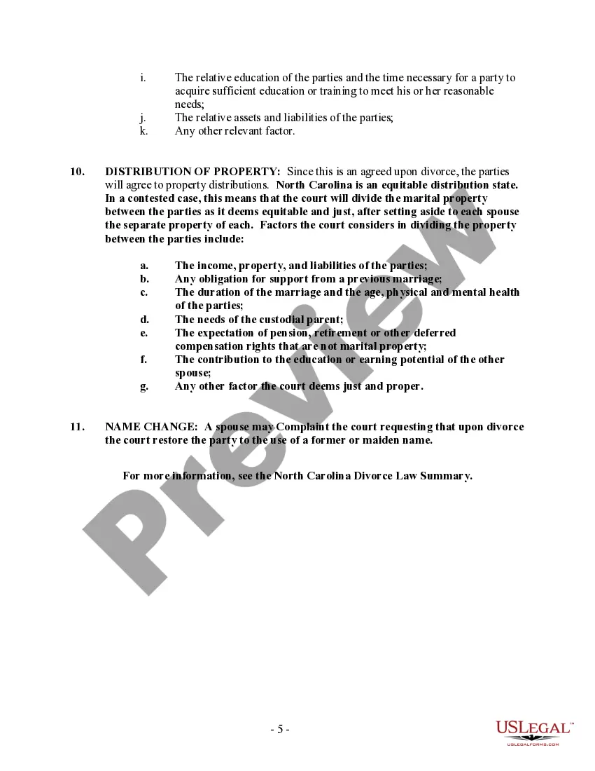 Preview North Carolina No-Fault Uncontested Agreed Divorce Package for Dissolution of Marriage with Adult Children and with or without Property and Debts