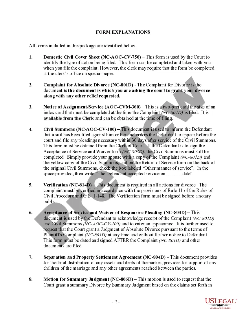 Preview North Carolina No-Fault Uncontested Agreed Divorce Package for Dissolution of Marriage with Adult Children and with or without Property and Debts
