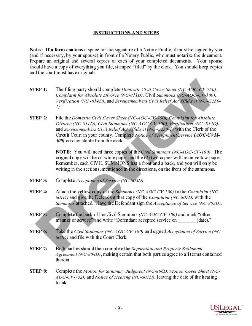 Preview North Carolina No-Fault Uncontested Agreed Divorce Package for Dissolution of Marriage with Adult Children and with or without Property and Debts