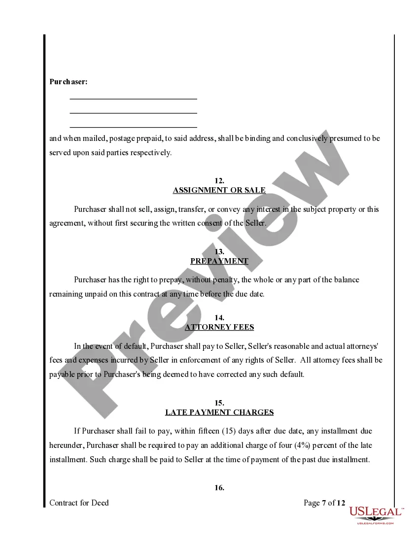 Preview Agreement or Contract for Deed for Sale and Purchase of Real Estate a/k/a Land or Executory Contract