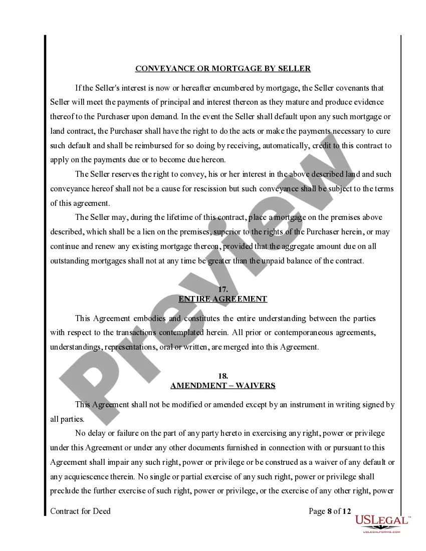 Preview Agreement or Contract for Deed for Sale and Purchase of Real Estate a/k/a Land or Executory Contract