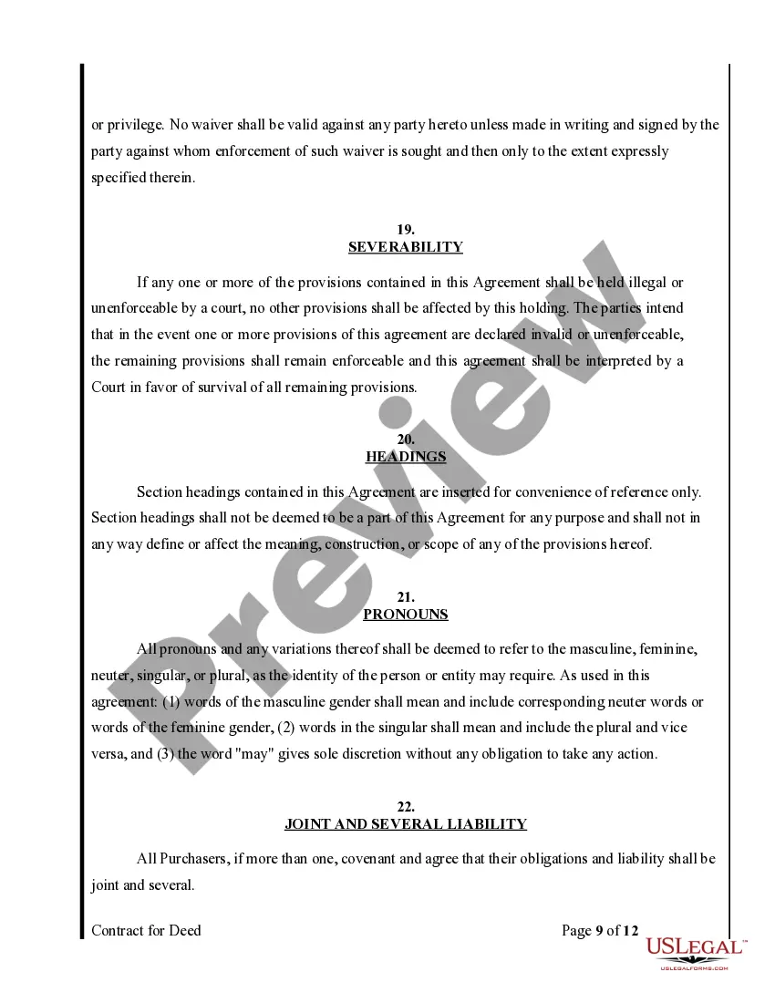 Preview Agreement or Contract for Deed for Sale and Purchase of Real Estate a/k/a Land or Executory Contract