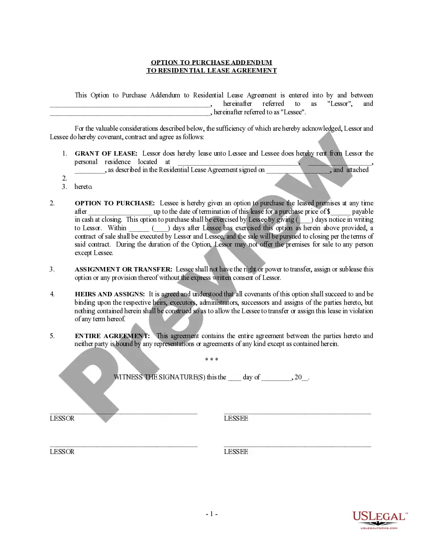 Get Option to Purchase Addendum to Residential Lease - Lease or Rent to Own Preview Option to Purchase Addendum to Residential Lease - Lease or Rent to Own