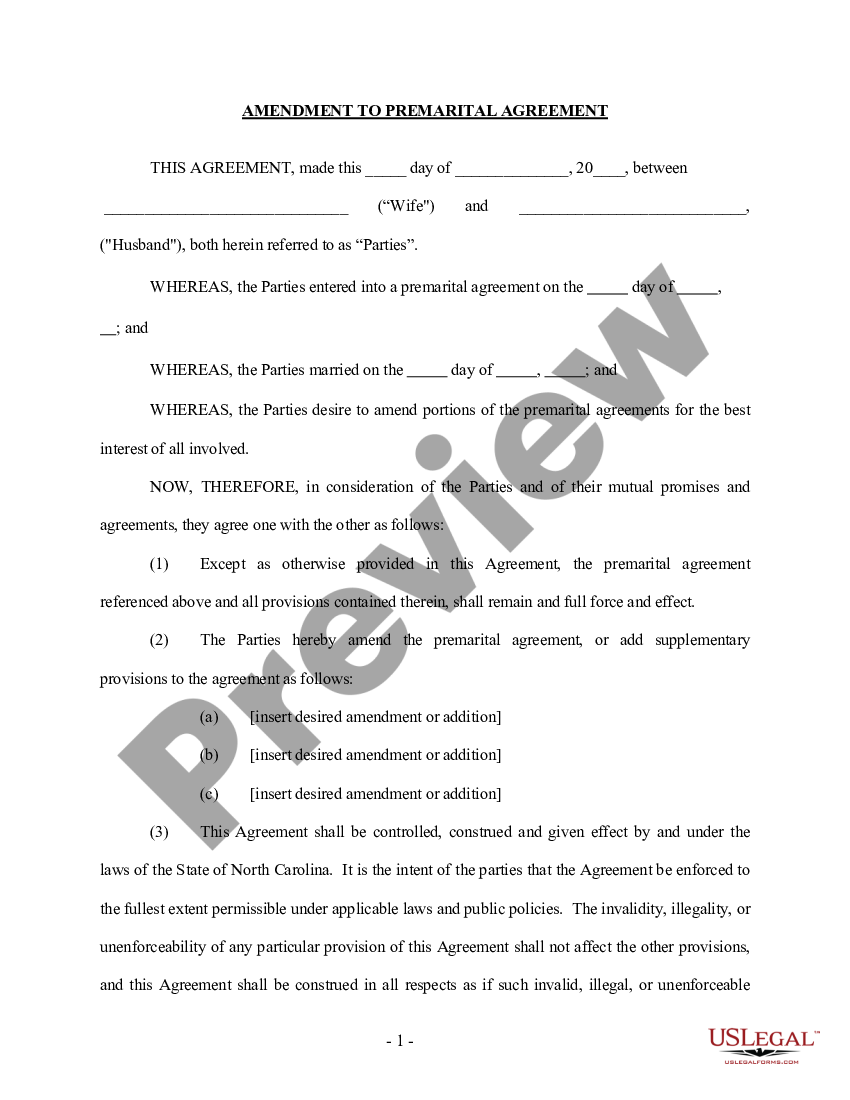 Greensboro North Carolina Amendment to Prenuptial or Premarital