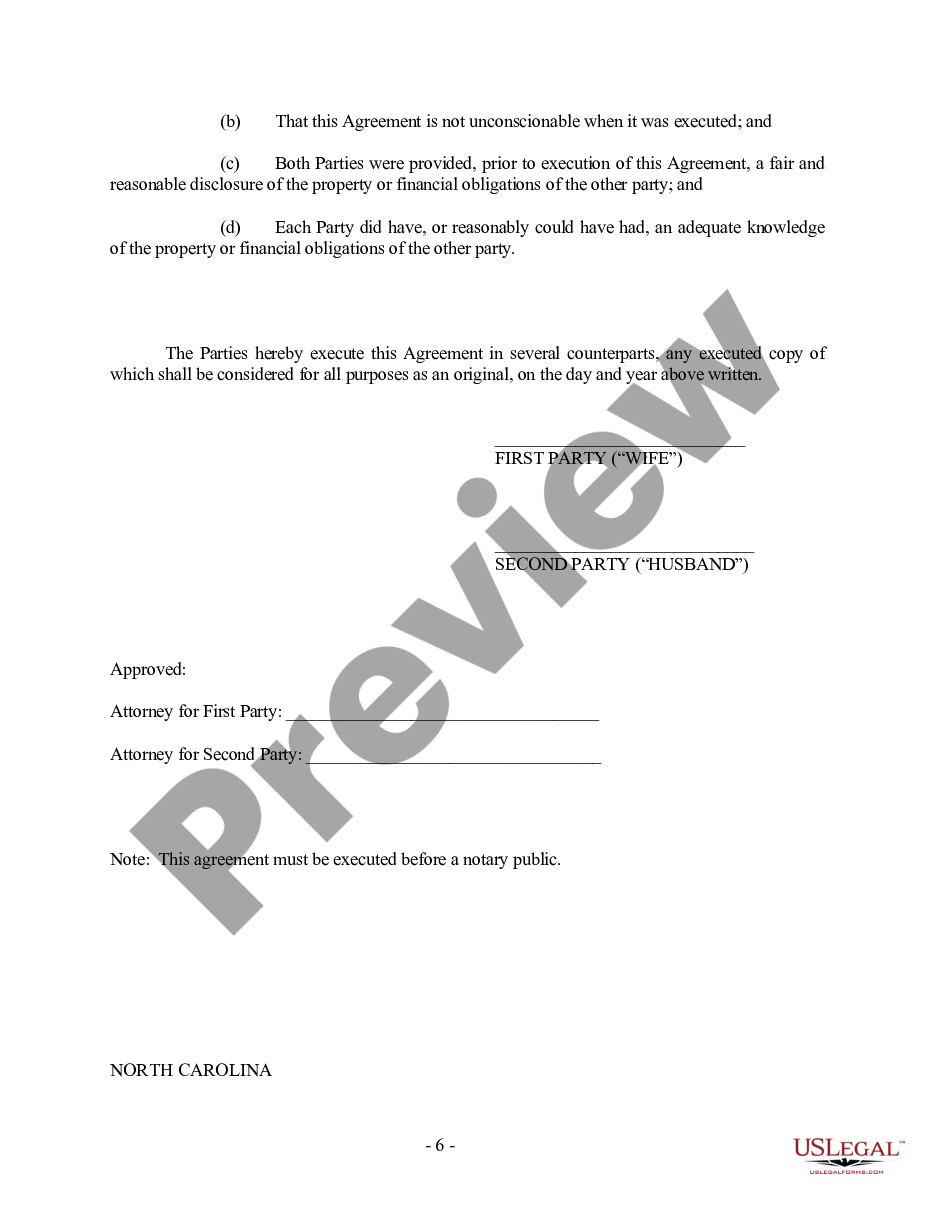 page 5 North Carolina Prenuptial Premarital Agreement - Uniform Premarital Agreement Act - with Financial Statements preview