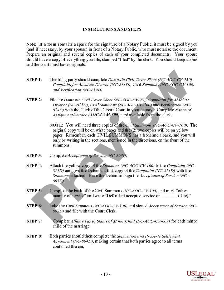 Preview North Carolina No-Fault Agreed Uncontested Divorce Package for Dissolution of Marriage for people with Minor Children