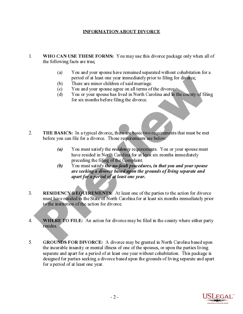 Preview North Carolina No-Fault Agreed Uncontested Divorce Package for Dissolution of Marriage for people with Minor Children