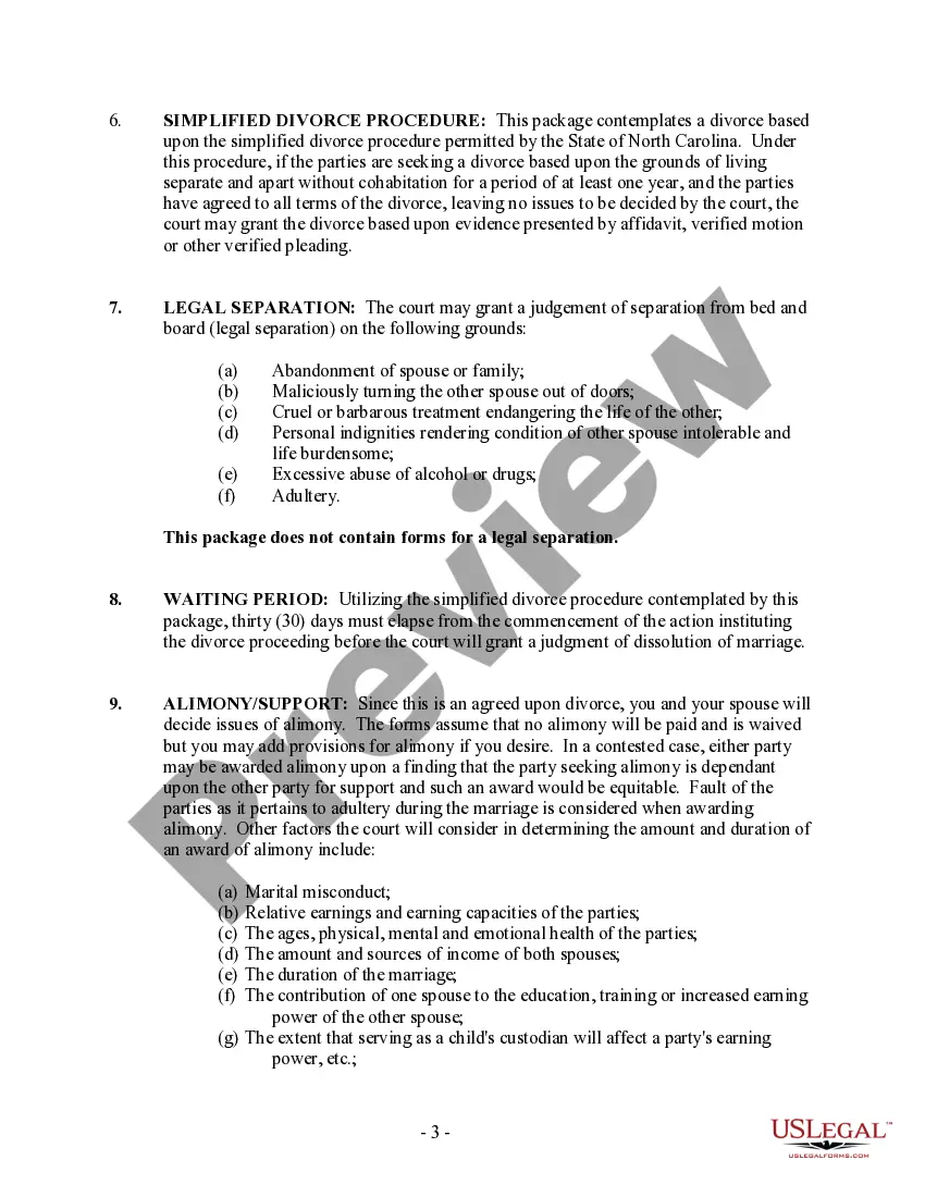 Preview North Carolina No-Fault Agreed Uncontested Divorce Package for Dissolution of Marriage for people with Minor Children
