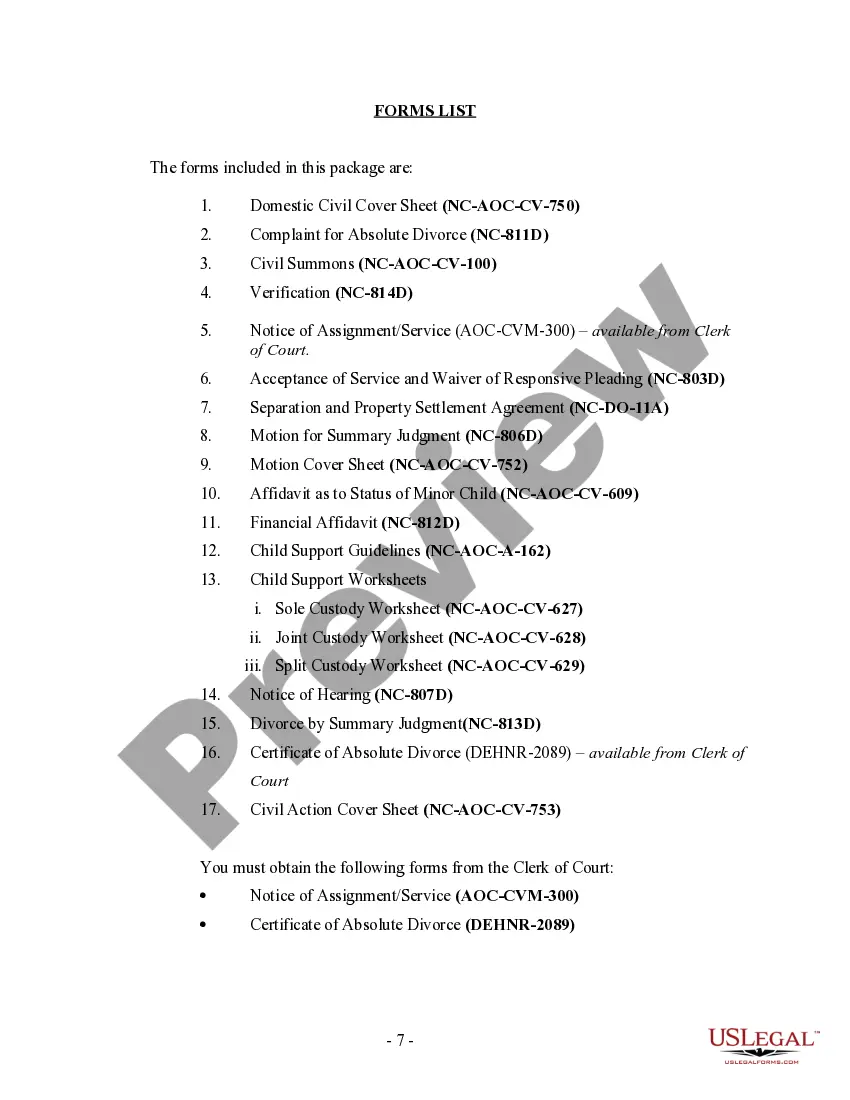 Preview North Carolina No-Fault Agreed Uncontested Divorce Package for Dissolution of Marriage for people with Minor Children