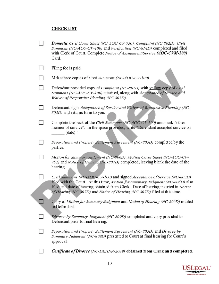 Preview North Carolina No-Fault Agreed Uncontested Divorce Package for Dissolution of Marriage for Persons with No Children with or without Property and Debts