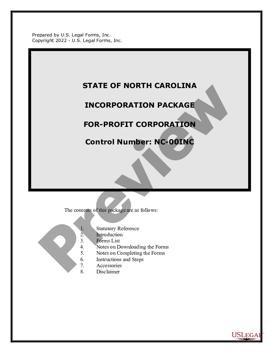 page 0 North Carolina Business Incorporation Package to Incorporate Corporation preview