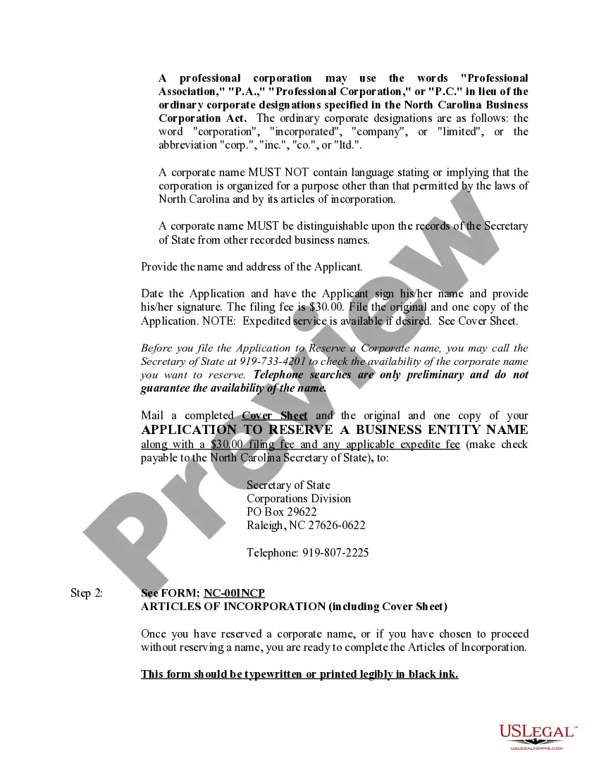 Preview Professional Corporation Package for North Carolina
