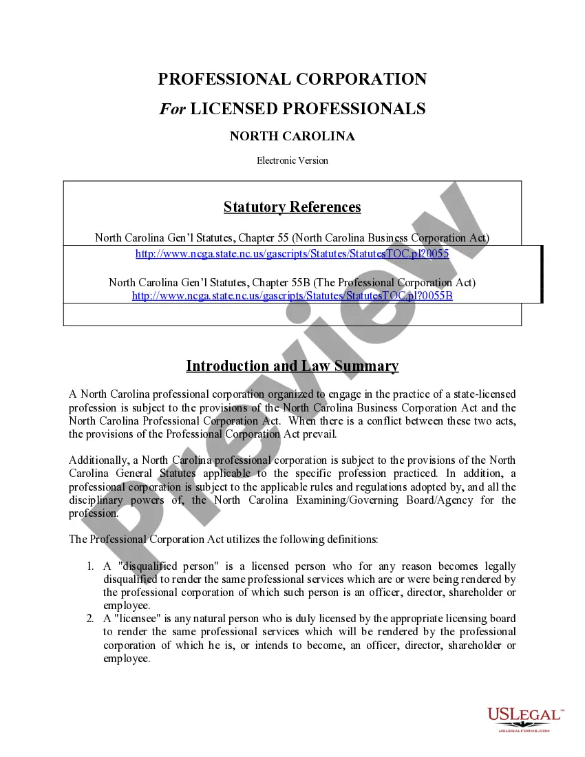 Preview Professional Corporation Package for North Carolina