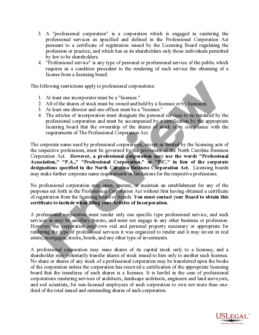 Preview Professional Corporation Package for North Carolina