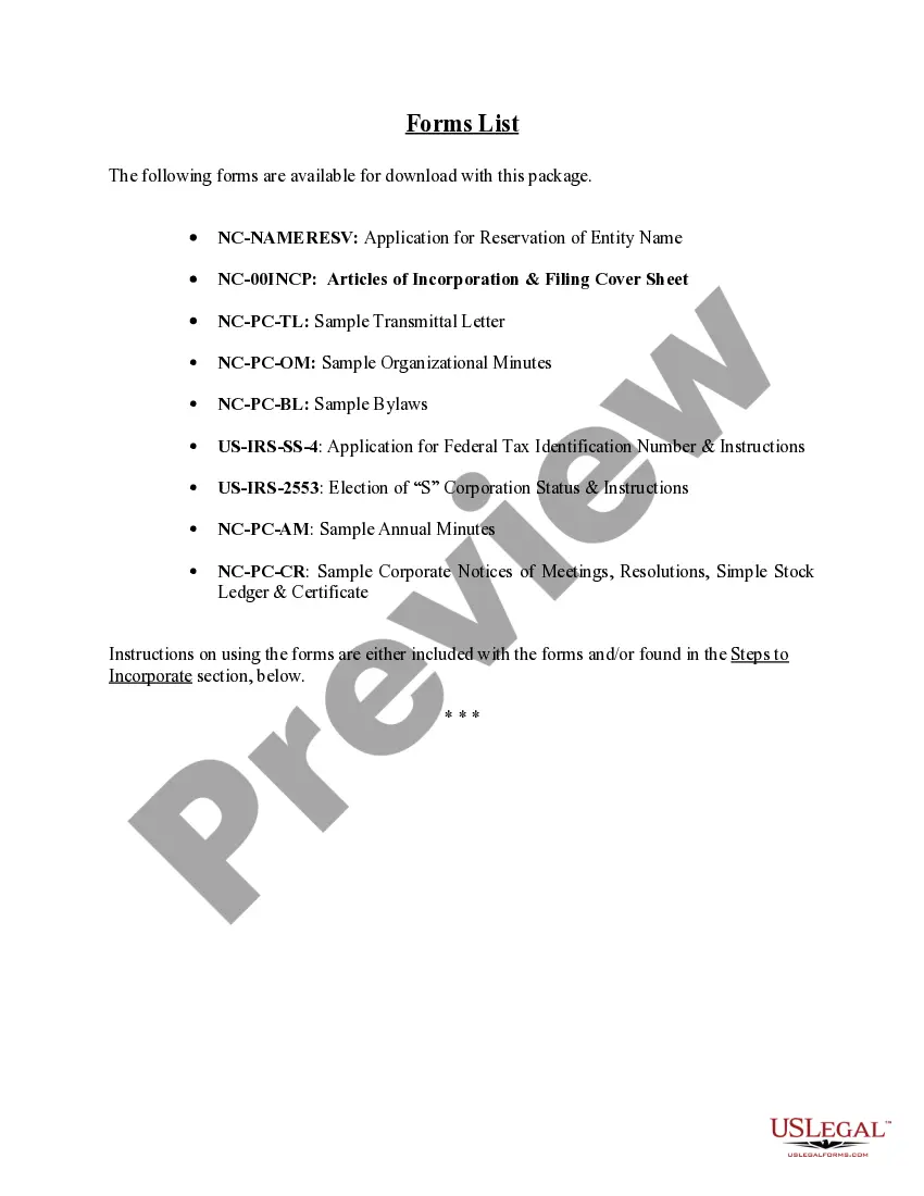 Preview Professional Corporation Package for North Carolina