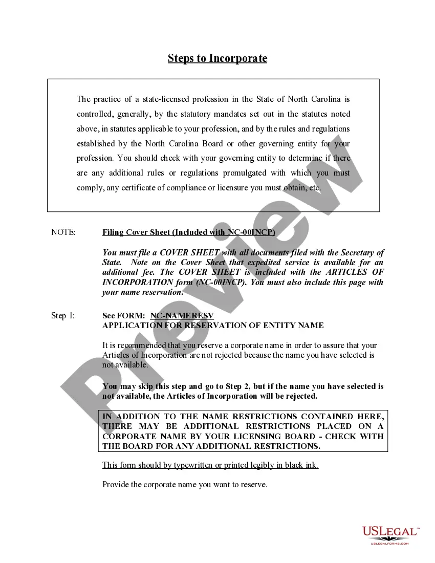 Preview Professional Corporation Package for North Carolina