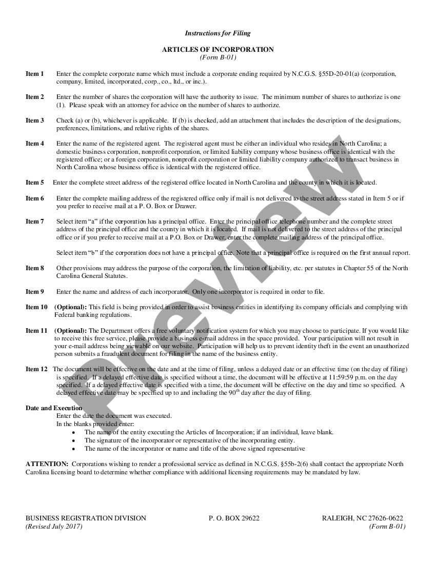 North Carolina Articles of Incorporation for Domestic For Articles Of