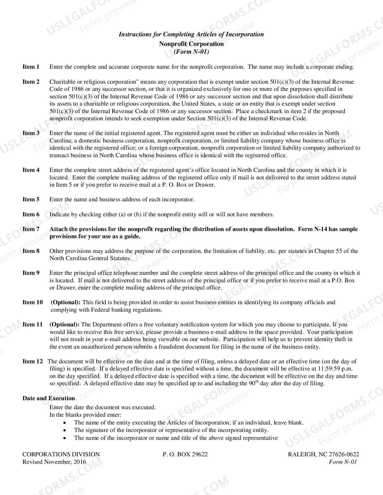Preview North Carolina Articles of Incorporation for Domestic Nonprofit Corporation