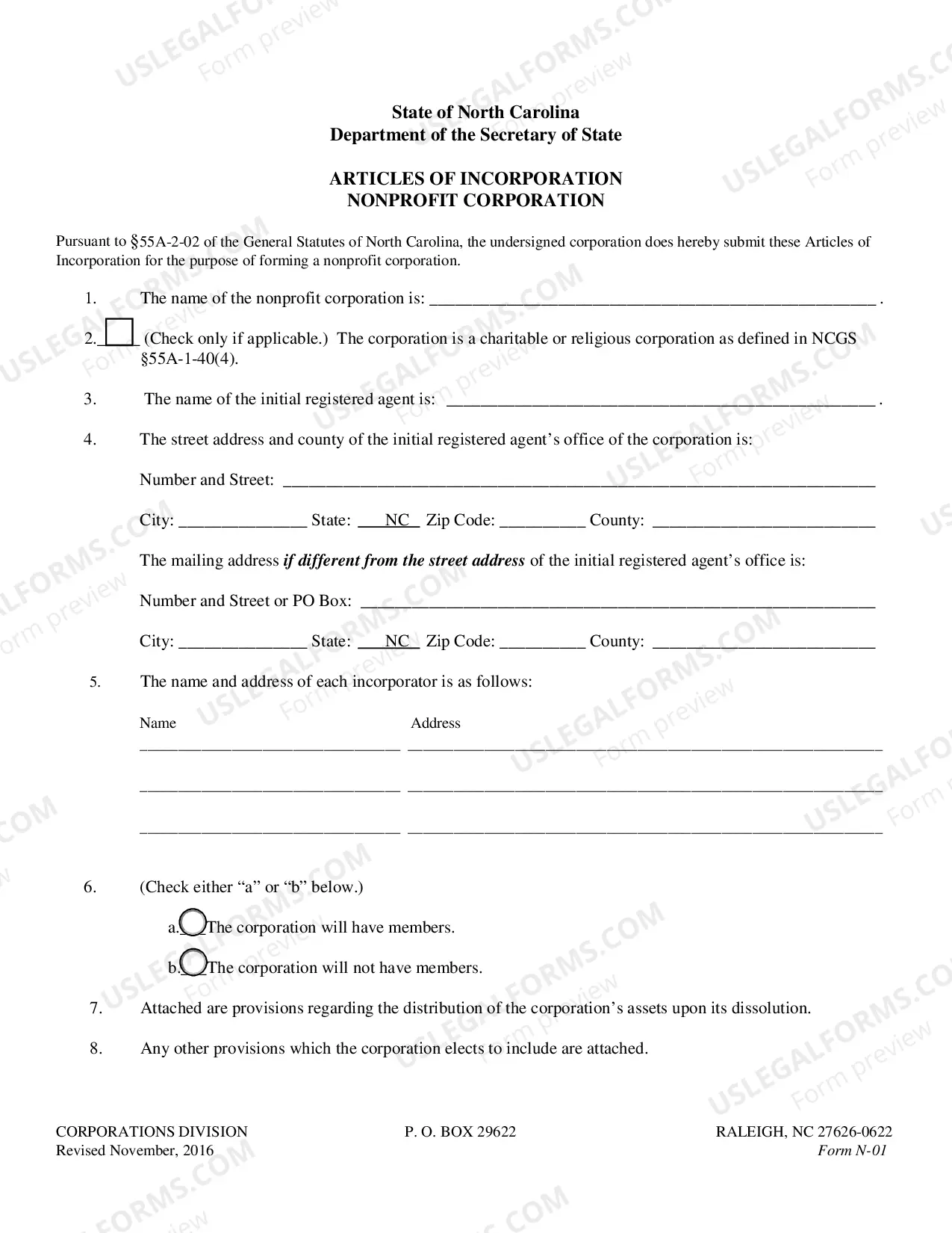 Preview North Carolina Articles of Incorporation for Domestic Nonprofit Corporation
