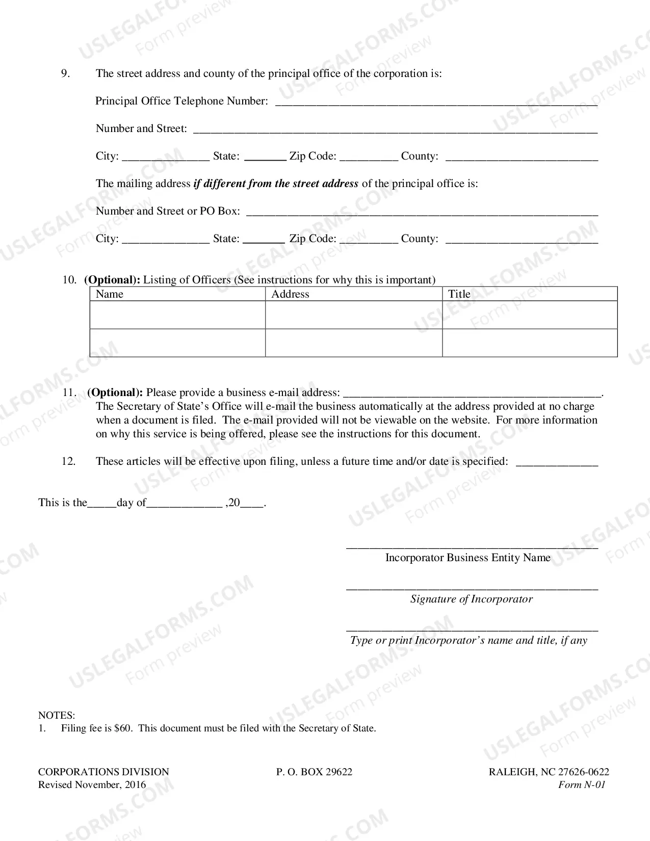 Preview North Carolina Articles of Incorporation for Domestic Nonprofit Corporation