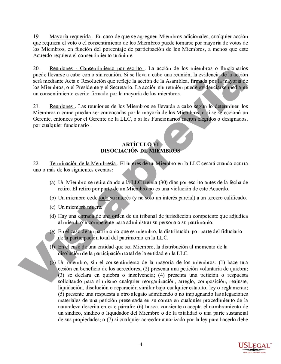 Preview Acuerdo Operativo LLC de Sociedad de Responsabilidad Limitada de Miembro Único