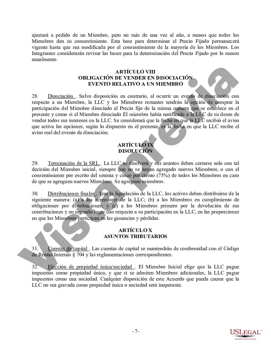 Preview Acuerdo Operativo LLC de Sociedad de Responsabilidad Limitada de Miembro Único