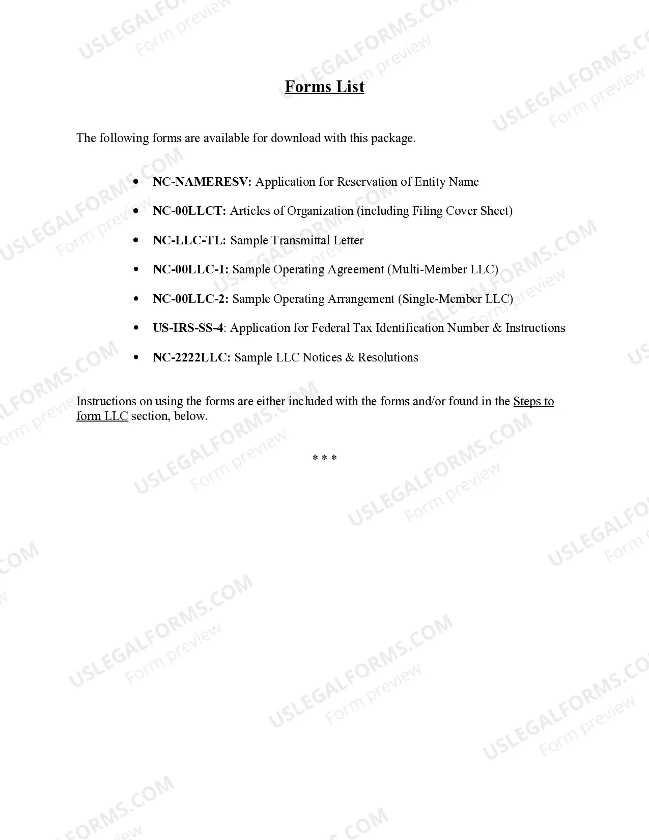 Preview North Carolina Limited Liability Company LLC Formation Package